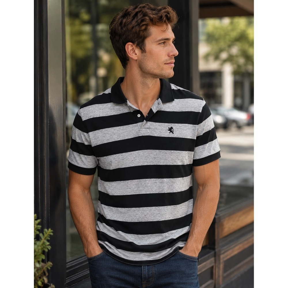 Express Pique Polo Shirt Men's XL Black Gray Striped Short Sleeve Classic Logo